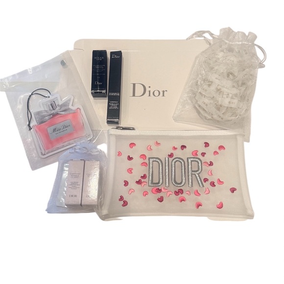 Dior Other - Dior Cream Pouch with Pink Embroidered Accents with Dior lipstick and Eye Liner